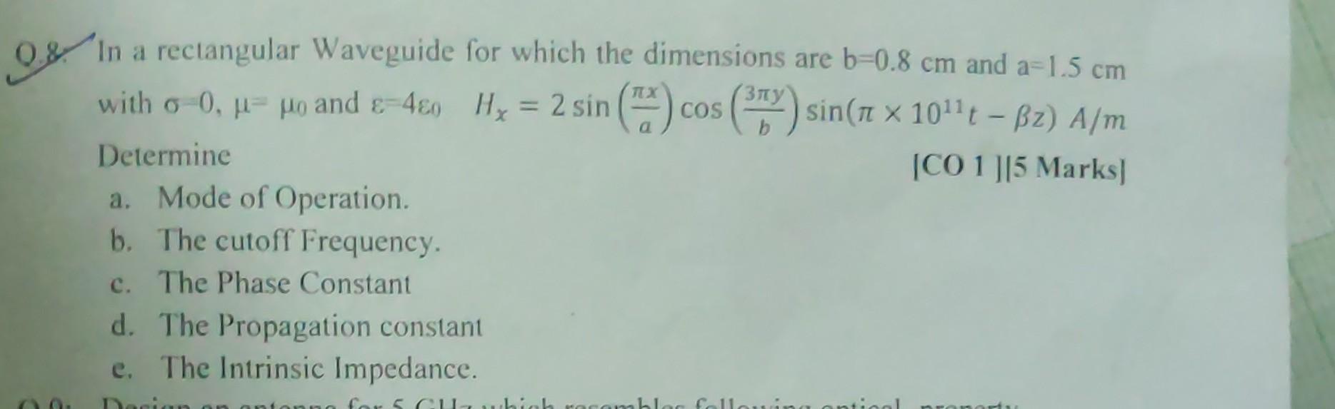 Solved 8. In a rectangular Waveguide for which the | Chegg.com