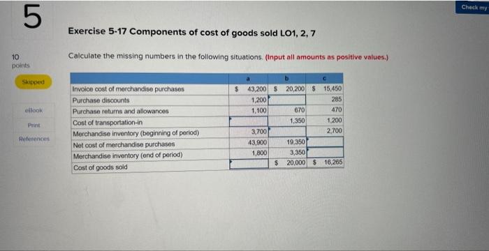 Solved Exercise 5-17 Components Of Cost Of Goods Sold LO1, | Chegg.com