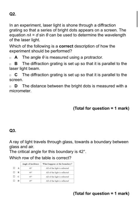 Solved Q2. In an experiment, laser light is shone through a | Chegg.com