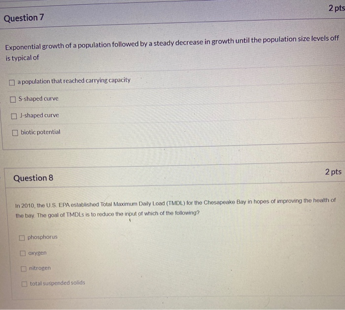 Solved 2 pts Question 7 Exponential growth of a population | Chegg.com