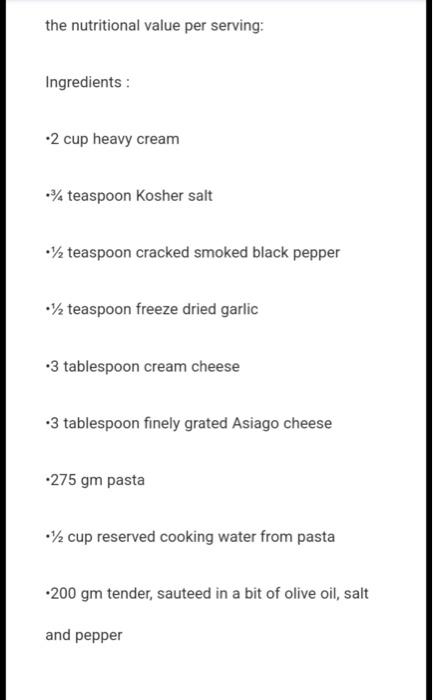 - reserved cooking water from pasta cup tender, Chegg