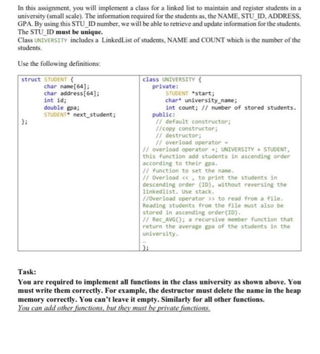 Solved In This Assignment, You Will Implement A Class For A | Chegg.com