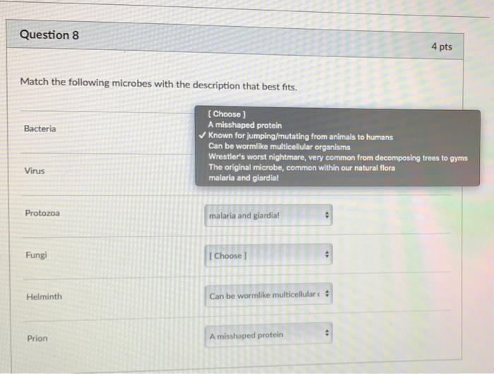 Solved Question 8 4 pts Match the following microbes with | Chegg.com