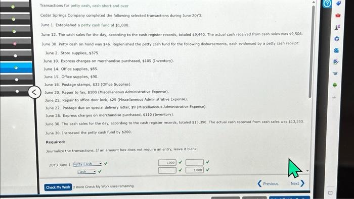 Transactions for petty cash, cash short and over | Chegg.com