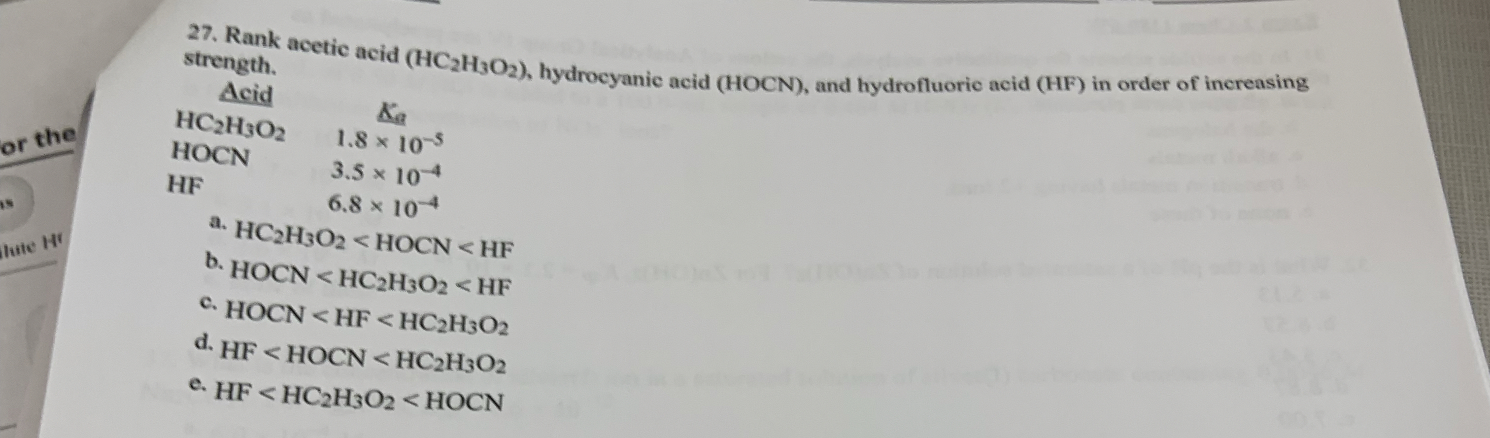 Solved Rank acetic acid (HC2H3O2), ﻿hydrocyanic acid (HOCN), | Chegg.com