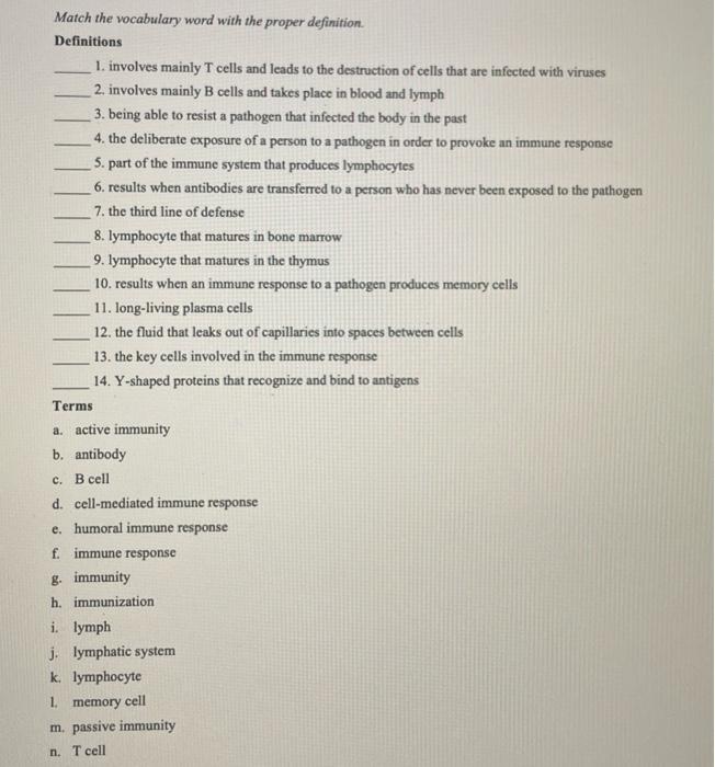 Solved Match the vocabulary word with the proper definition | Chegg.com