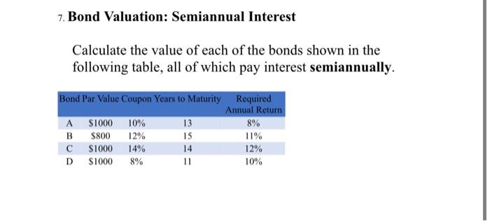 Solved Bond Valuation Semiannual Interest Calculate The 4292