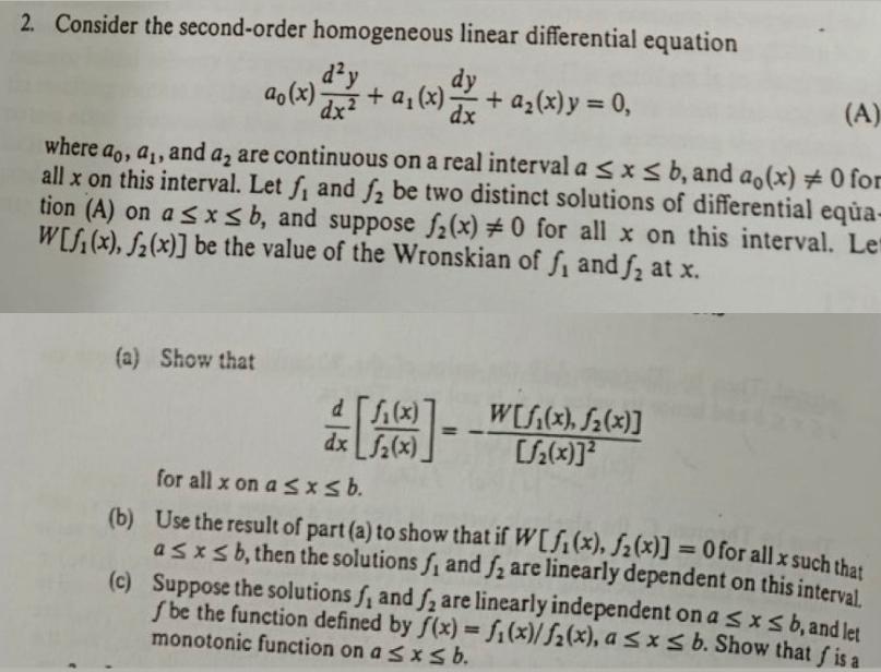 Solved Consider The Second-order Homogeneous Linear | Chegg.com