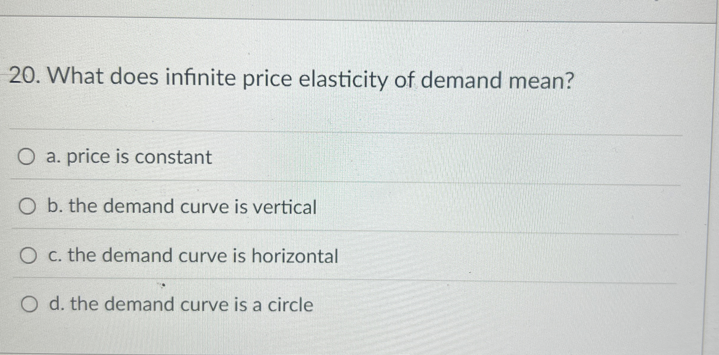 Solved What does infinite price elasticity of demand mean?a.