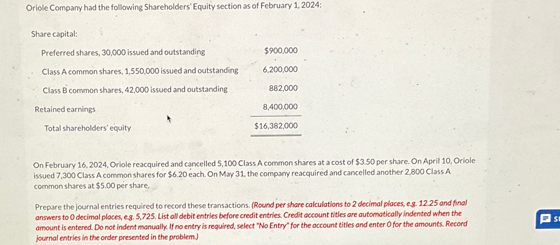 Solved Oriole Company Had The Following Shareholders' Equity | Chegg.com