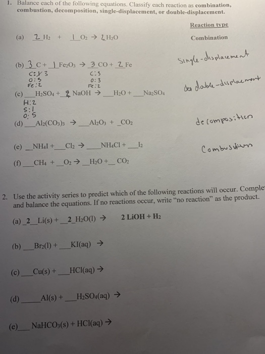 Solved 1. Balance each of the following equations. Classify | Chegg.com