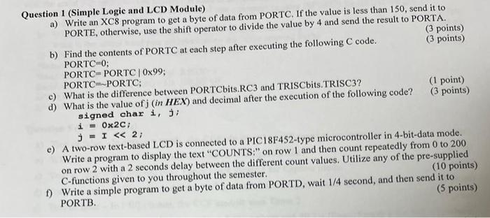 Solved Question 1 (Simple Logic and LCD Module) a) Write an | Chegg.com