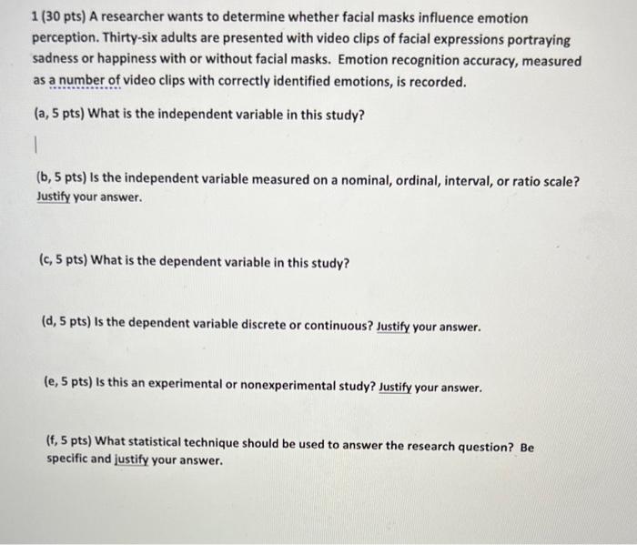 Solved 1 (30 pts) A researcher wants to determine whether | Chegg.com