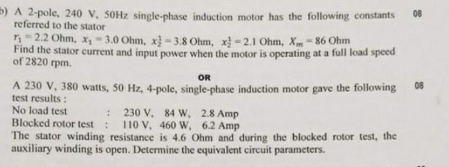 Solved A 2-pole, 240 V,50 Hz single-phase induction motor | Chegg.com