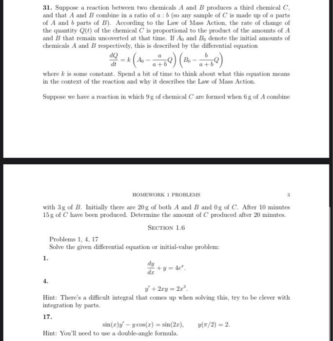 Solved 31. Suppose A Reaction Between Two Chemicals A And B | Chegg.com