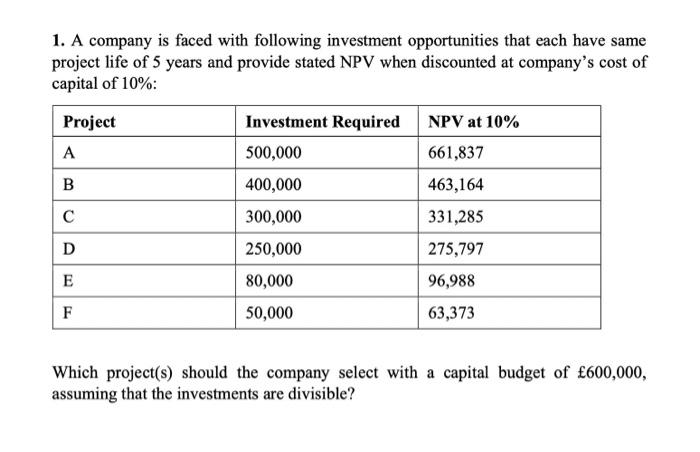 Solved 1. A Company Is Faced With Following Investment | Chegg.com