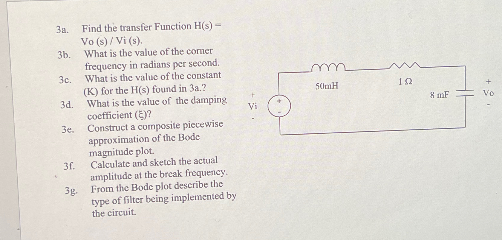 Solved 3a. ﻿Find the transfer Function H(s)= ﻿Vo (s) / ﻿Vi | Chegg.com