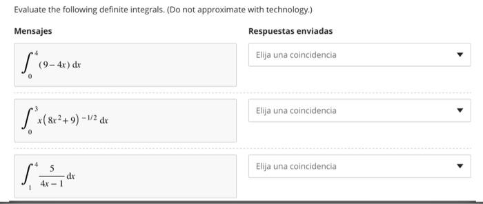 Evaluate the following definite integrals. (Do not approximate with technology.) Mensajes Respuestas enviadas \( \int_{0}^{4}