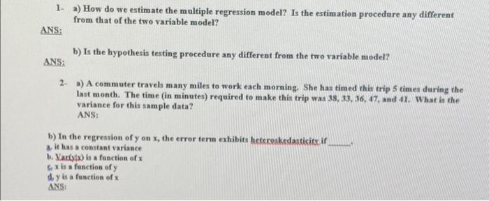 Solved 1- a) How do we estimate the multiple regression | Chegg.com