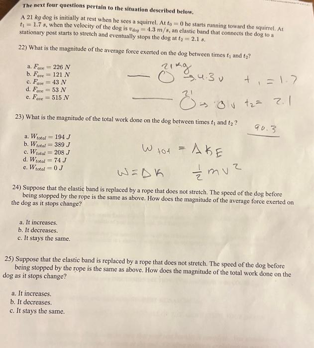 The next four questions pertain to the situation described below.
A \( 21 \mathrm{~kg} \) dog is initially at rest when he se