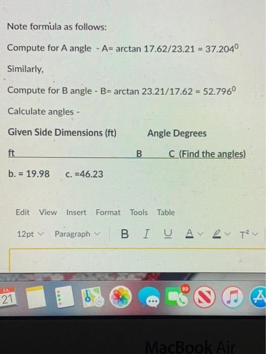 Solved Note formula as follows: Compute for A angle - A= | Chegg.com
