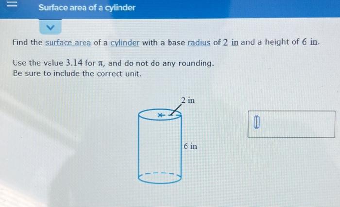 find surface area of cylinder with radius and height