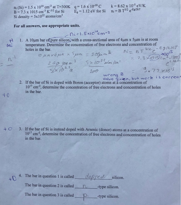 Solved Ni Si 1 5 X 1010 Cm3 At T 300k B 7 3 X 1015 Cm3 Chegg Com