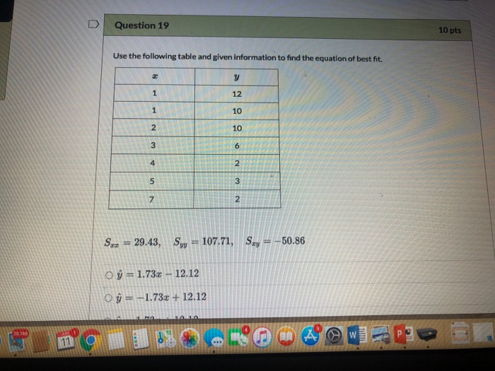 Solved Question 19 10 pts Use the following table and given | Chegg.com