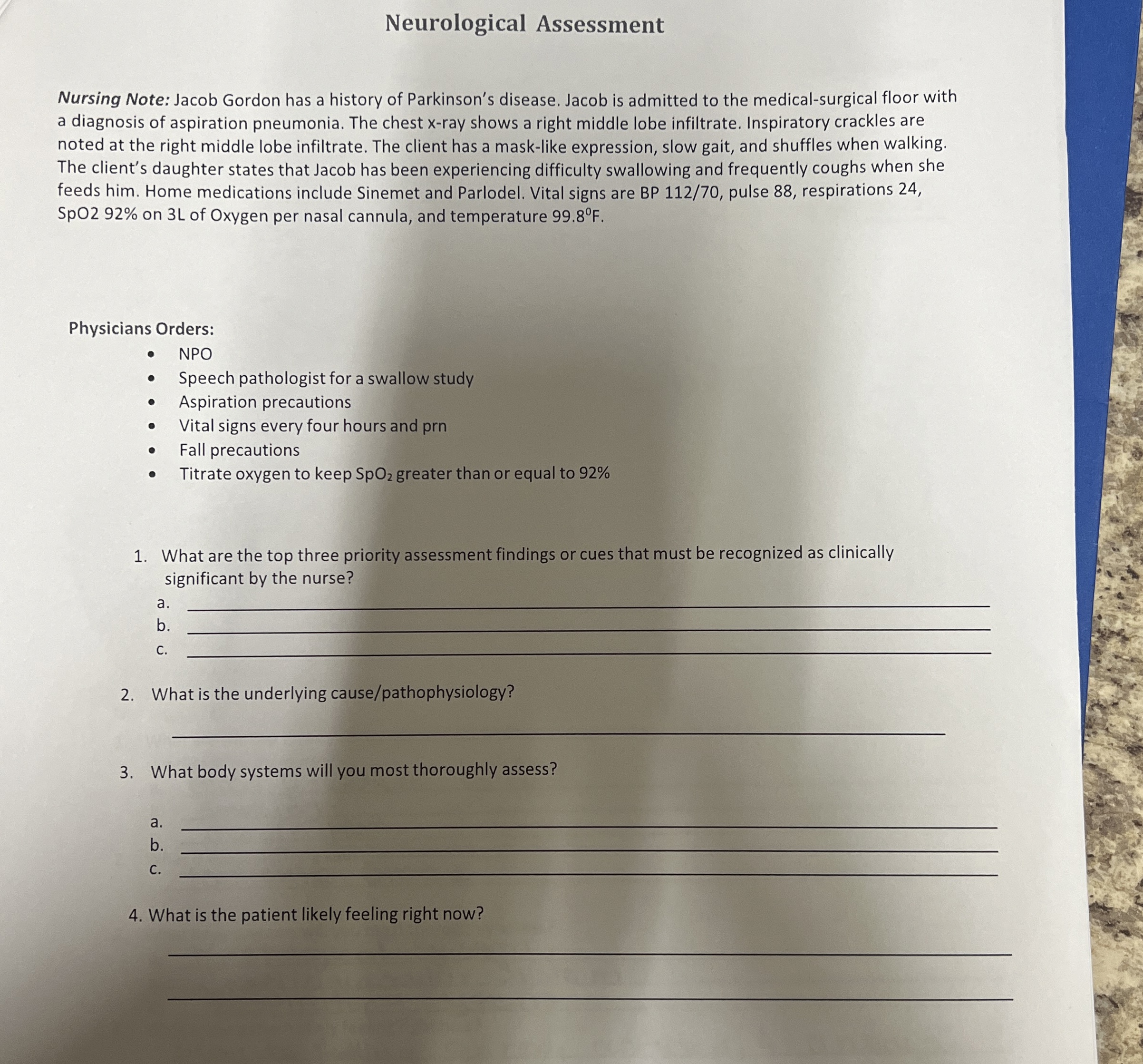 Solved Neurological AssessmentNursing Note: Jacob Gordon has | Chegg.com