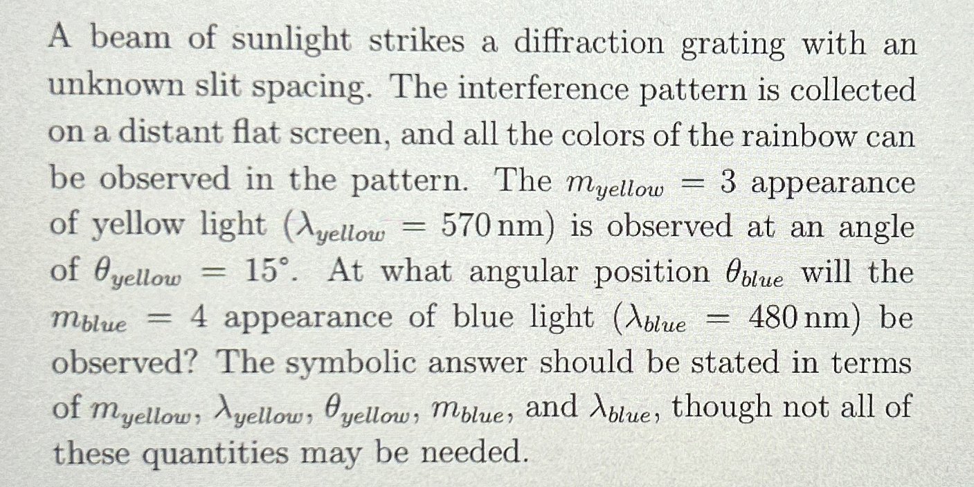 Solved A beam of sunlight strikes a diffraction grating with | Chegg.com