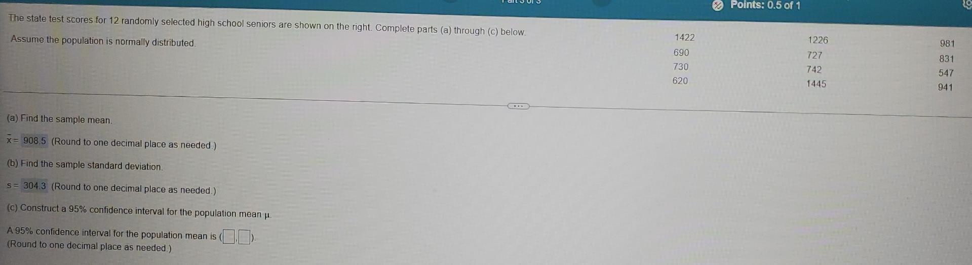 Solved Part 3 of 3 The state test scores for 12 randomly | Chegg.com