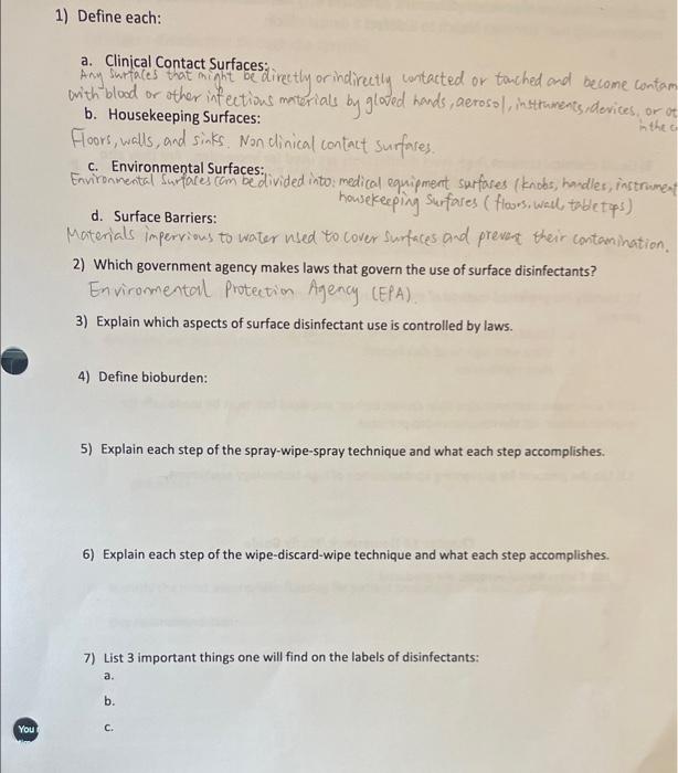 Solved 1) Define each: a. Clinical Contact Surfaces: Any | Chegg.com