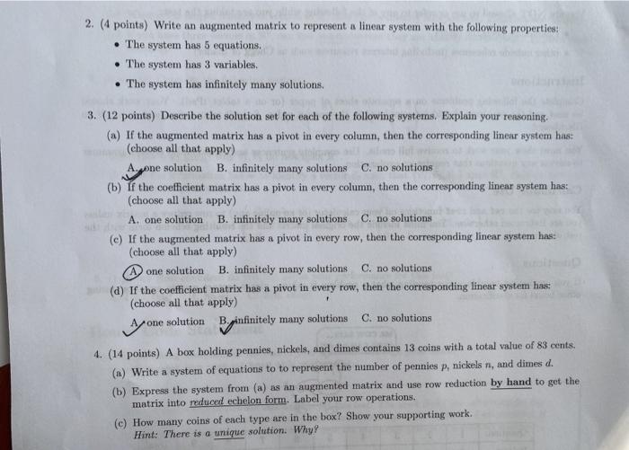 Solved 2. 4 points Write an augmented matrix to represent