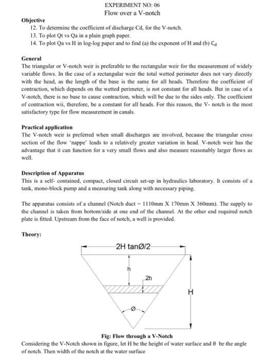 Solved Experiment No 06 Flow Over A V Notch Objective 12 Chegg Com