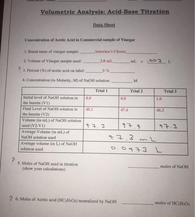 Solved Volumetric Analysis AcidBase Titration Data Sheet
