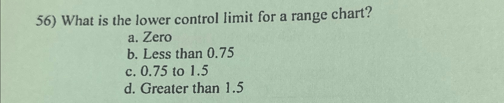 Solved What is the lower control limit for a range chart?a. | Chegg.com