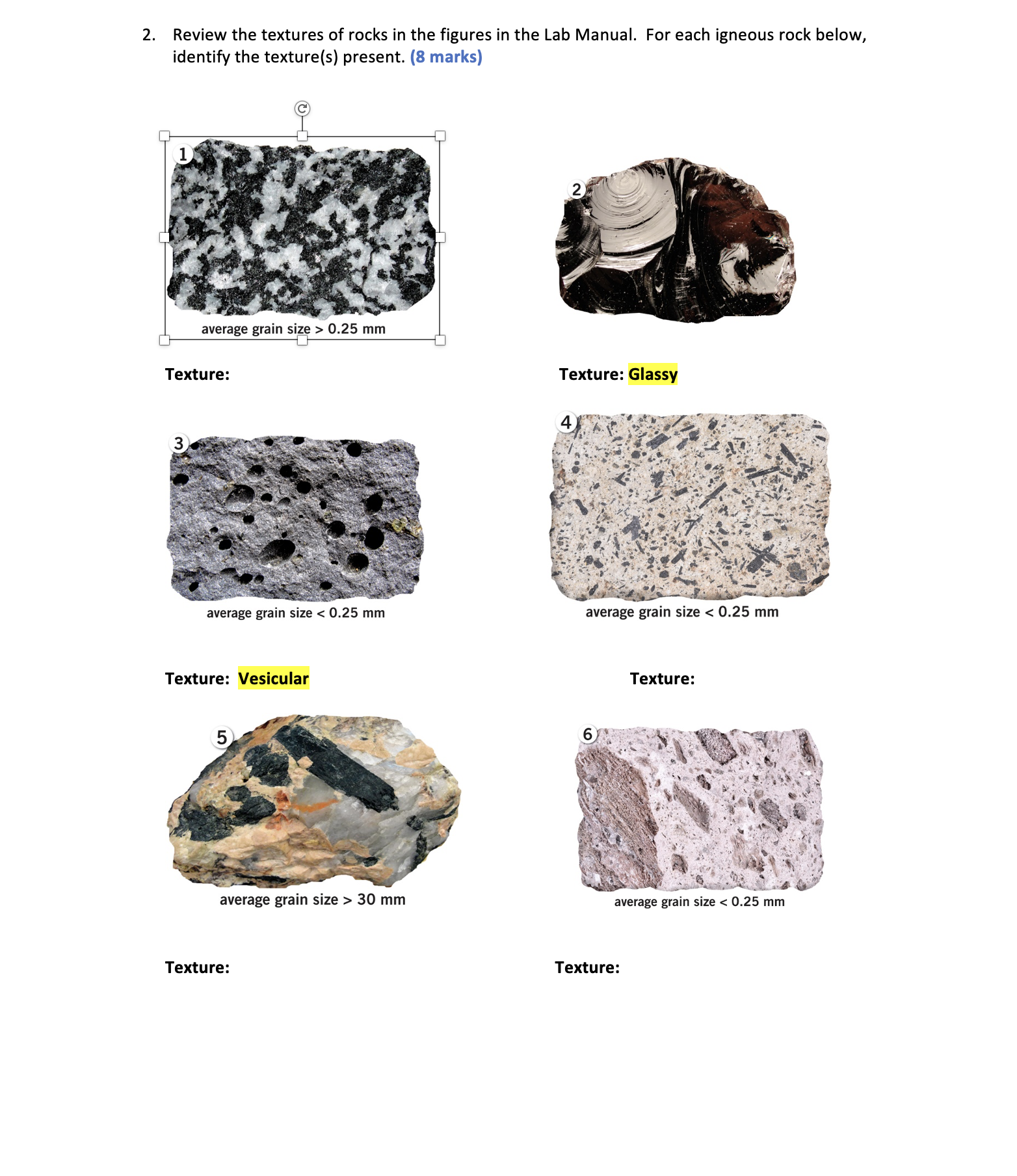 Identify Textures Solved 2. Review the textures of rocks in the figures in | Chegg.com