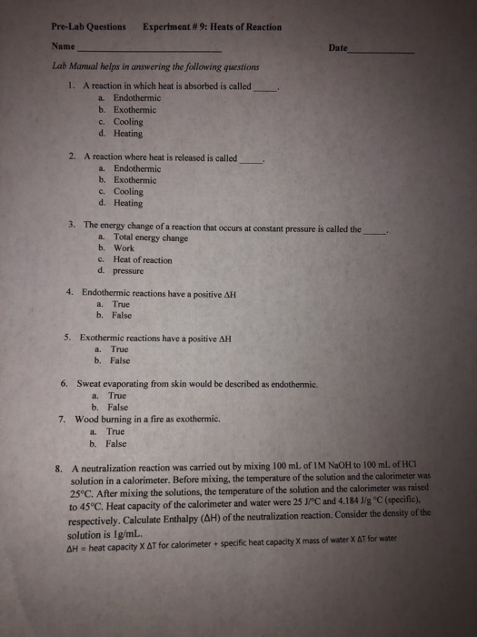 Solved Experiment 9 Heats of Reaction PreLab Questions