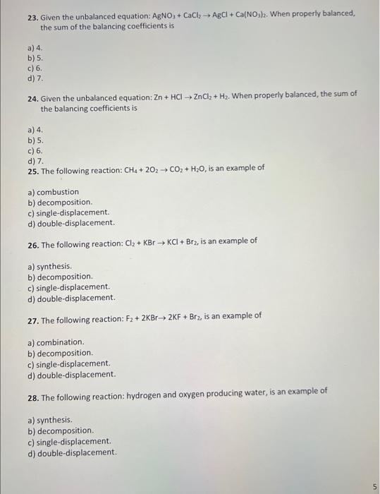 Solved 23. Given the unbalanced equation: | Chegg.com