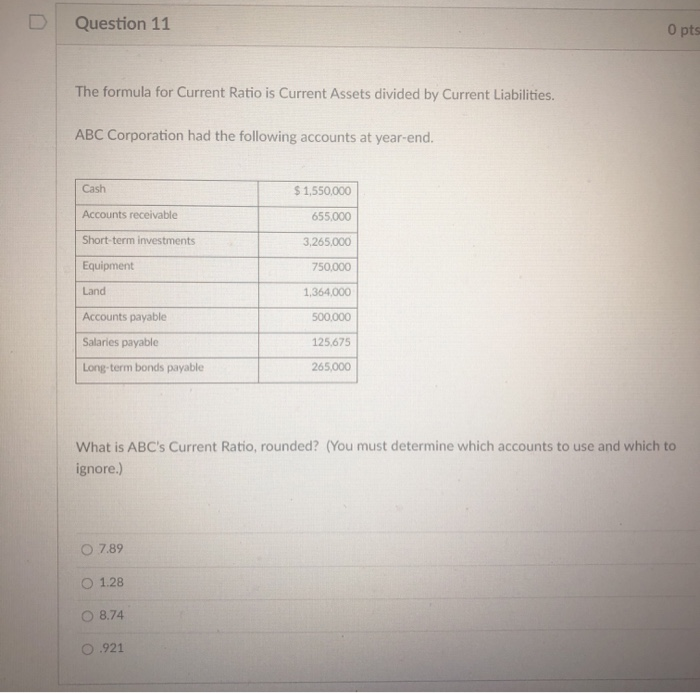 Solved Question 11 O pts The formula for Current Ratio is | Chegg.com