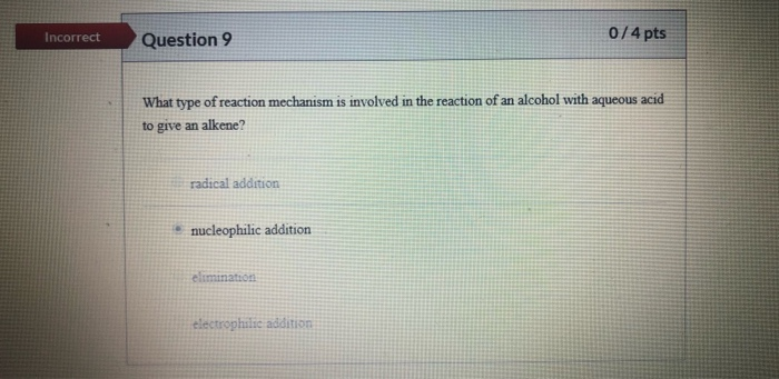 Solved Incorrect Question 9 0/4 pts What type of reaction | Chegg.com