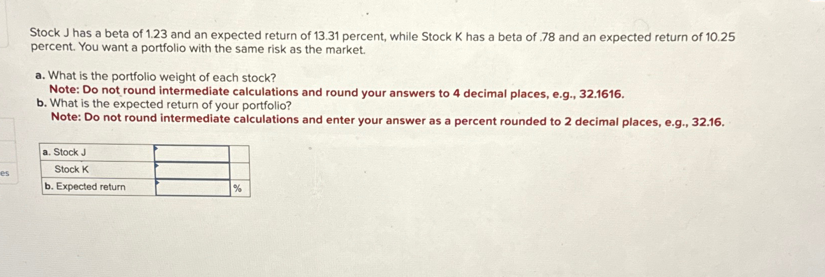 Solved Stock J has a beta of 1.23 ﻿and an expected return of