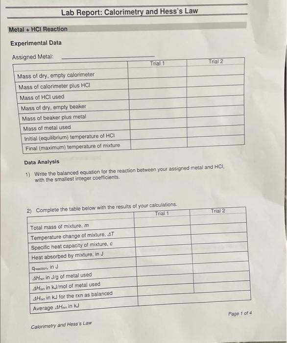 Lab Report Calorimetry and Hess's Law Metal + HCI