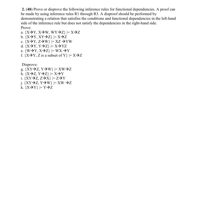 Solved 2 40 Prove Disprove Following Inference Rules Functional Dependencies Proof Made Using Inf Q