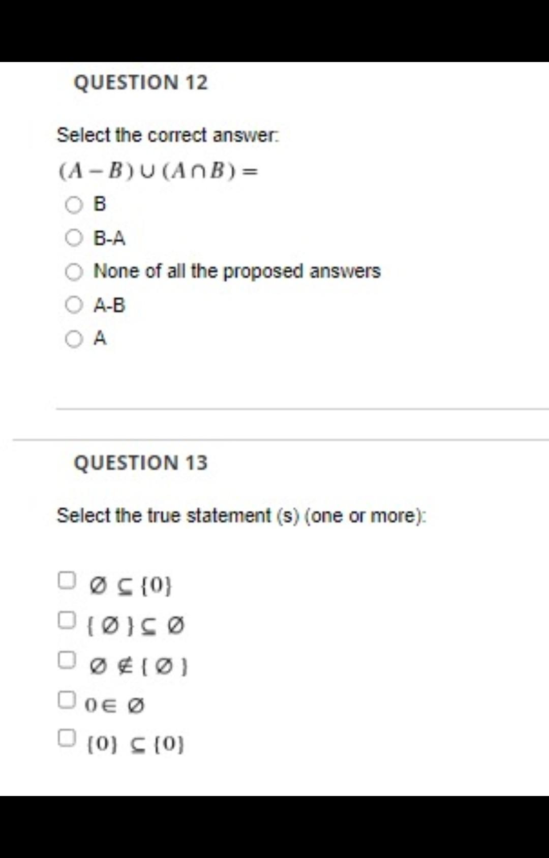 Solved QUESTION 12 Select the correct answer. (A-BU(ANB) = | Chegg.com