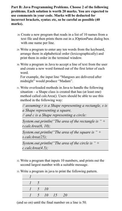 Solved Part B: Java Programming Problems. Choose 2 of the | Chegg.com