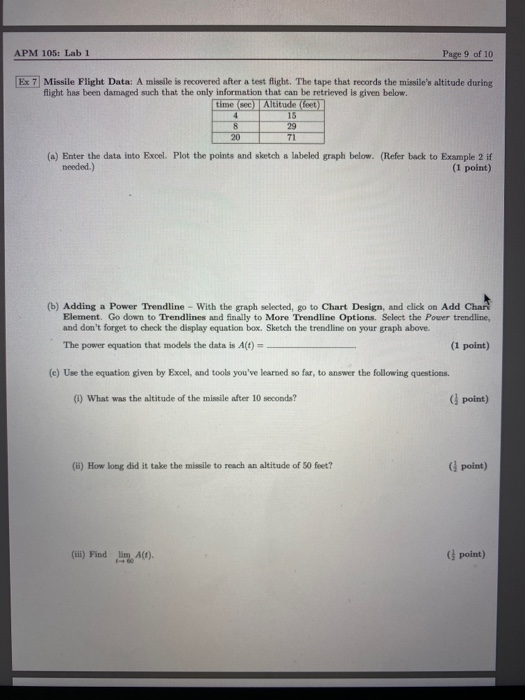 Solved APM 105 Lab 1 Page 9 of 10 Ex 7 Missile Flight Data