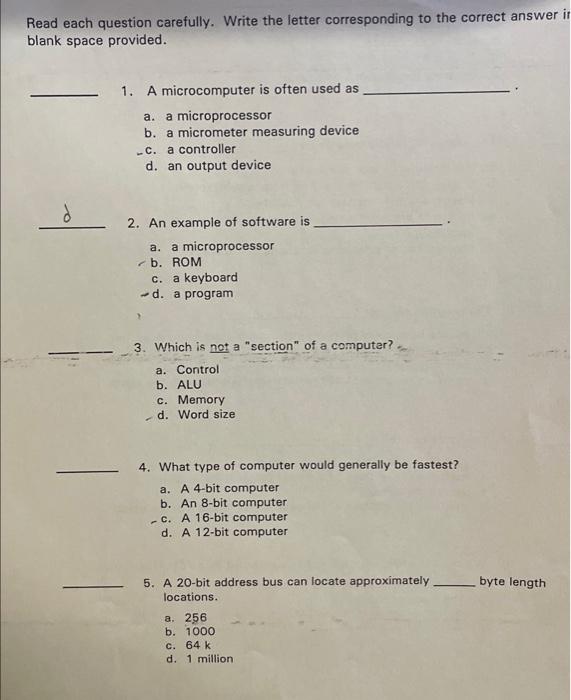 Solved Read Each Question Carefully. Write The Letter | Chegg.com