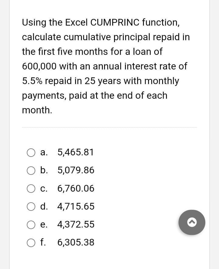 Solved Using the Excel CUMPRINC function, calculate