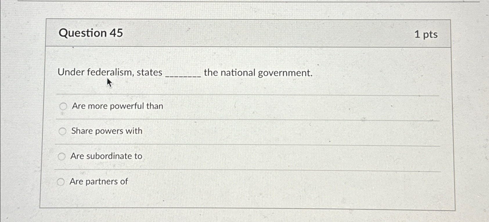 Solved Question 451ptsUnder federalism, states the national | Chegg.com